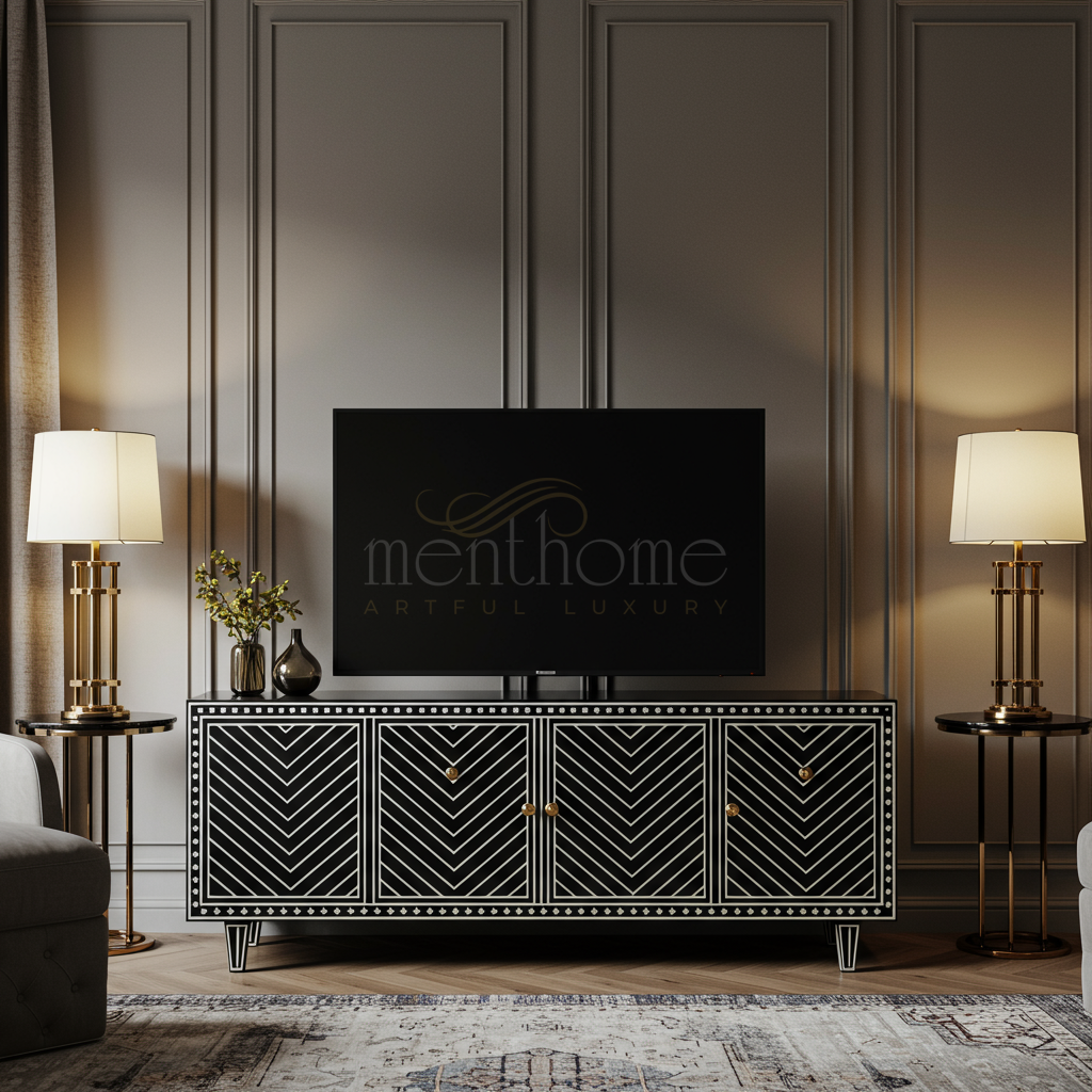 Inlay Black & White Chevron TV Cabinet | Luxury Handmade TV Cabinet