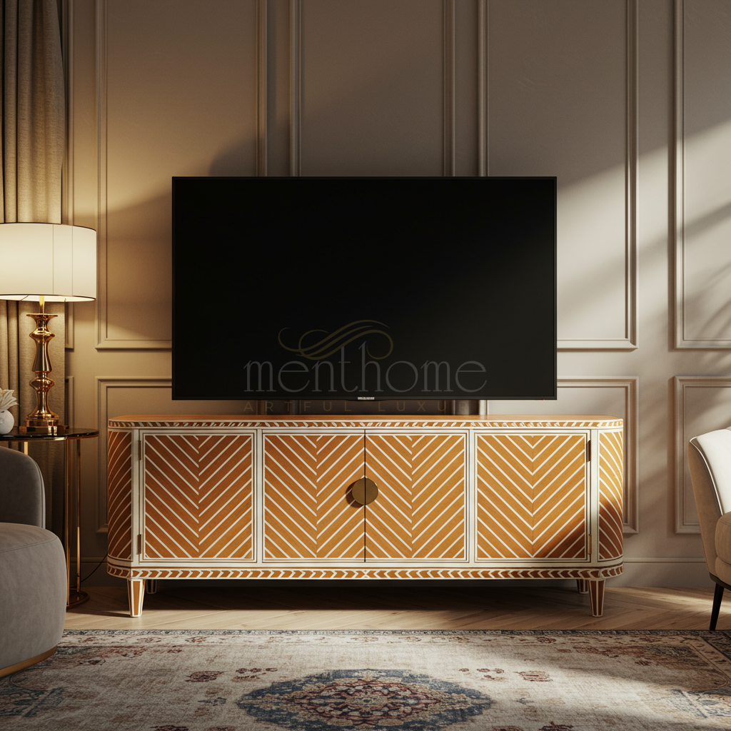 Artisanal Inlay Chevron TV Cabinet | Luxury Handmade TV Cabinet