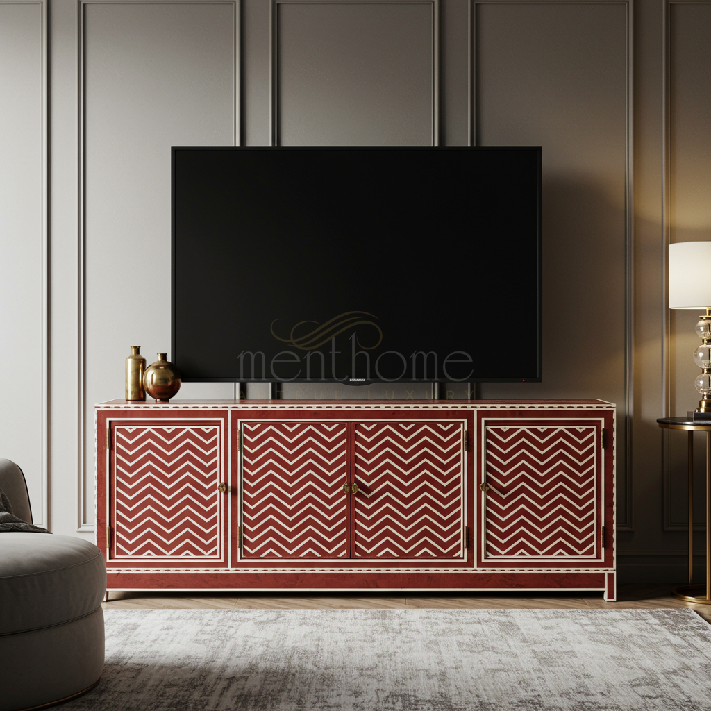 Luxury Inlay Chevron Pattern TV Cabinet | Luxury Handmade TV Cabinet