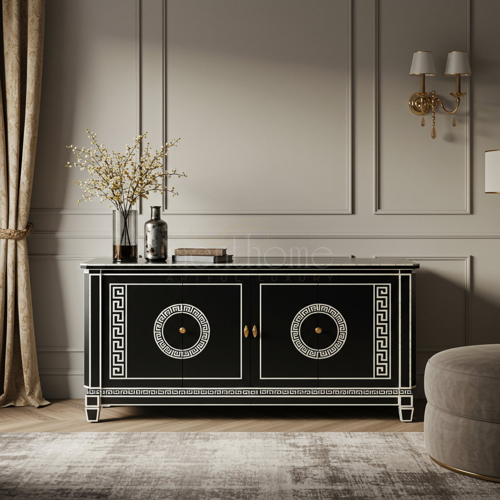 Luxurious Inlay Black and Gold TV Cabinet | Luxury Handmade TV Cabinet