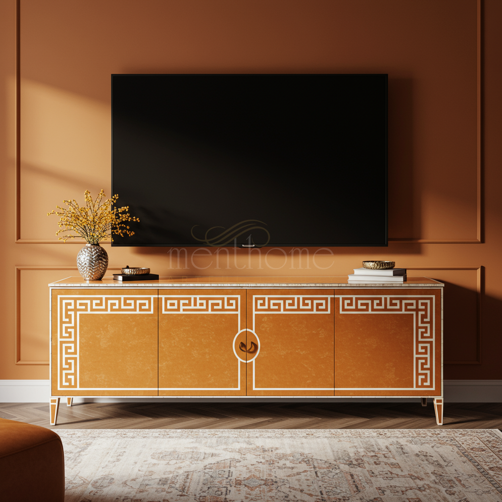 Inlay Greek Key Pattern TV Cabinet | Luxury Handmade TV Cabinet