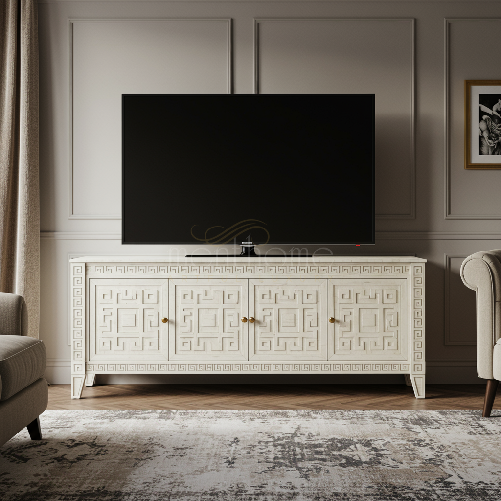 Elegant Inlay TV Cabinet with Geometric Detailing | Luxury Handmade TV Cabinet