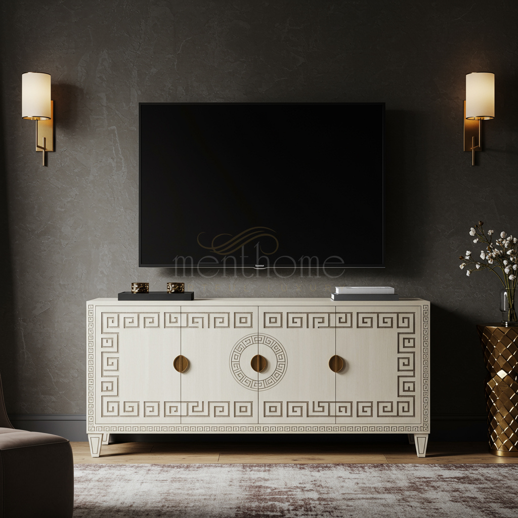 Luxury Inlay TV Cabinet with Greek Key Motif | Luxury Handmade TV Cabinet