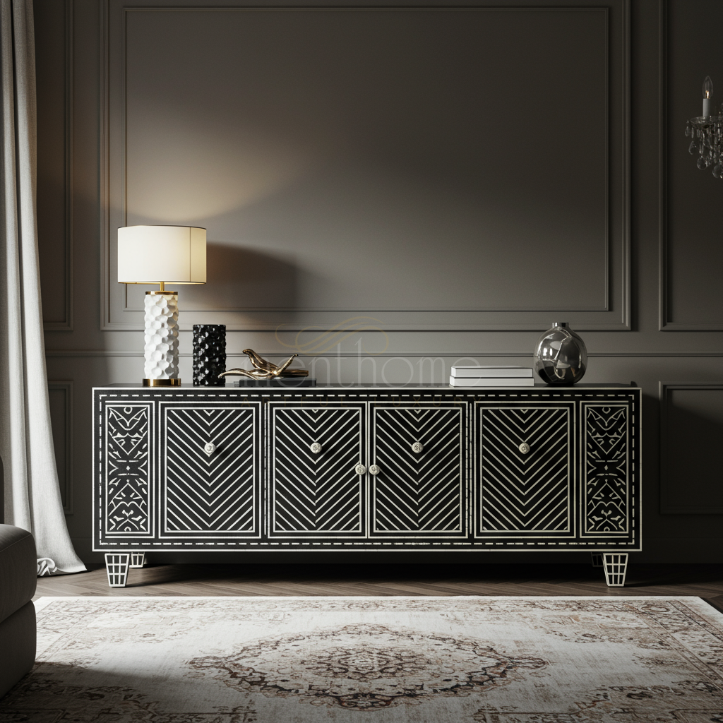 Luxury Inlay Black and White TV Cabinet | Luxury Handmade TV Cabinet
