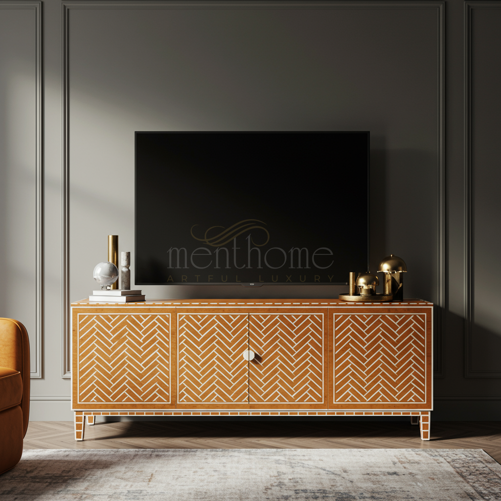 Inlay Herringbone Pattern TV Cabinet | Luxury Handmade TV Cabinet