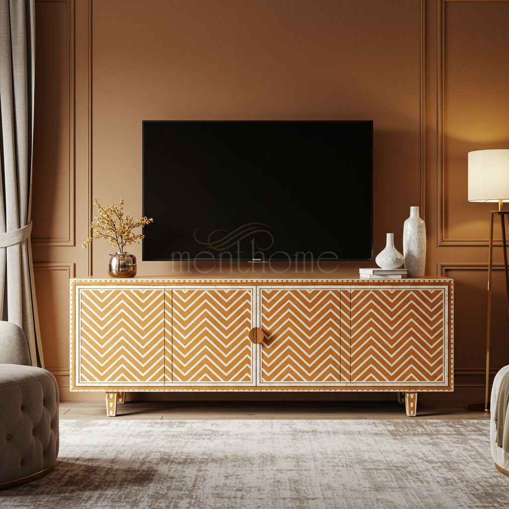 Luxury Inlay Chevron Pattern TV Cabinet | Luxury Handmade TV Cabinet