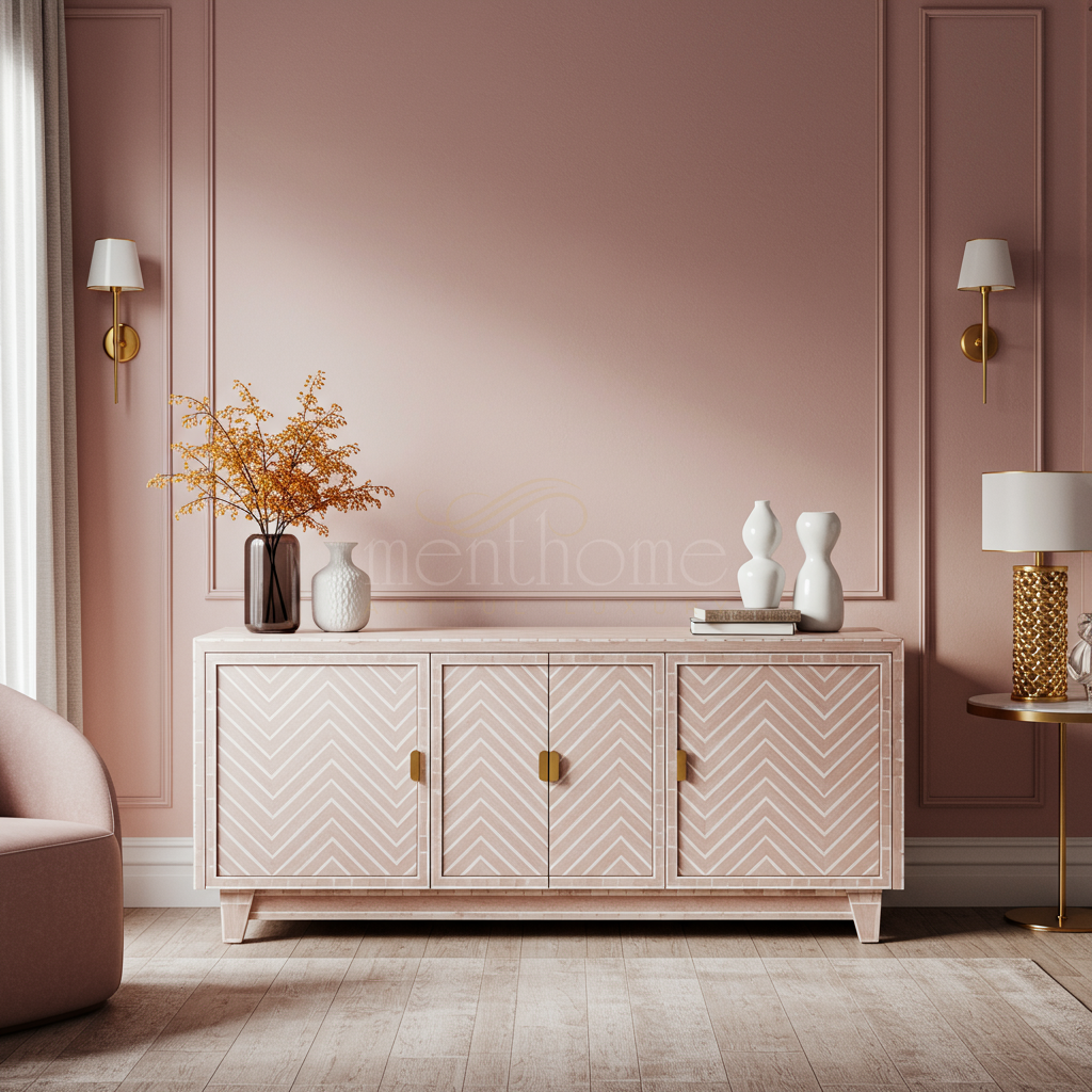 Elegant Inlay TV Cabinet with Chevron Pattern | Luxury Handmade TV Cabinet