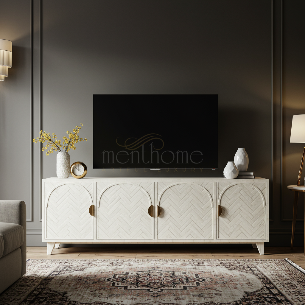 Elegant Inlay TV Cabinet with Arch Design | Luxury Handmade TV Cabinet