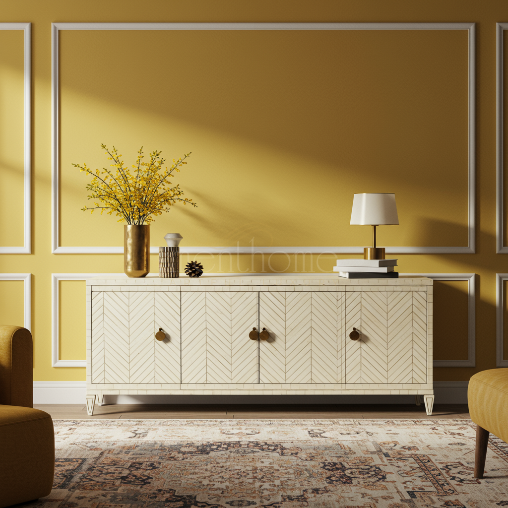 Luxury Inlay TV Cabinet with Chevron Pattern | Luxury Handmade TV Cabinet