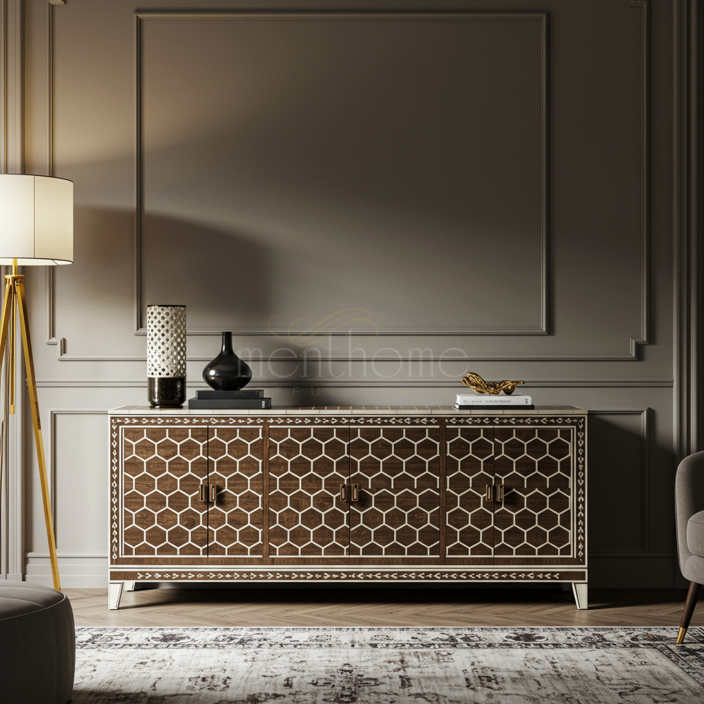 Luxury Inlay Geometric Pattern TV Cabinet | Luxury Handmade TV Cabinet