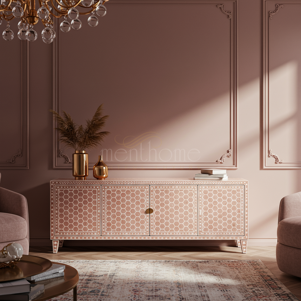 Luxury Inlay TV Cabinet with Geometric Pattern | Luxury Handmade TV Cabinet