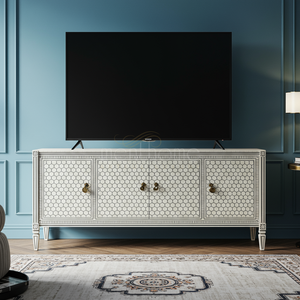 Elegant Inlay Pattern TV Cabinet | Luxury Handmade TV Cabinet