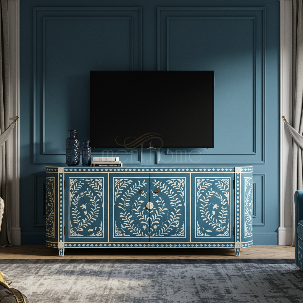 Elegant Blue Inlay TV Cabinet with Floral Motif | Luxury Handmade TV Cabinet