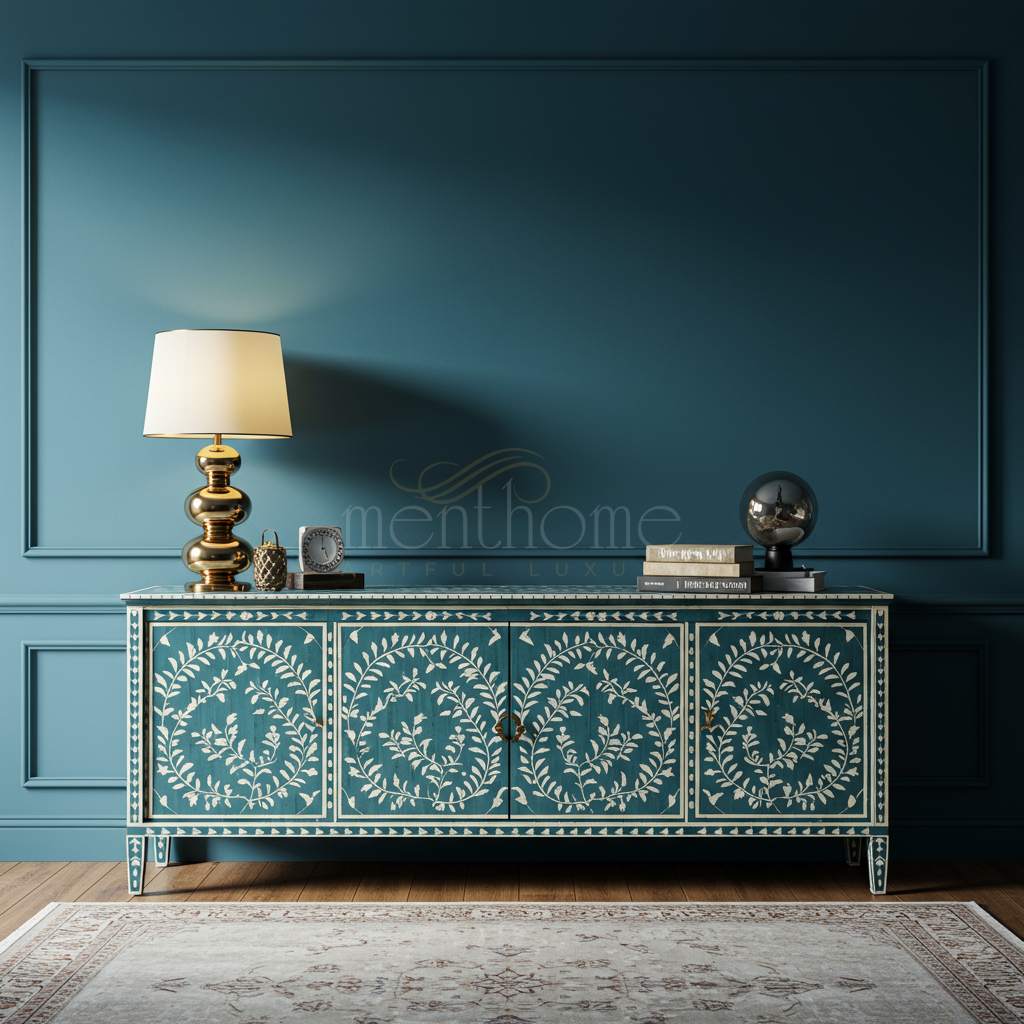 Handcrafted Inlay Blue TV Cabinet with Floral Motif | Luxury Handmade TV Cabinet