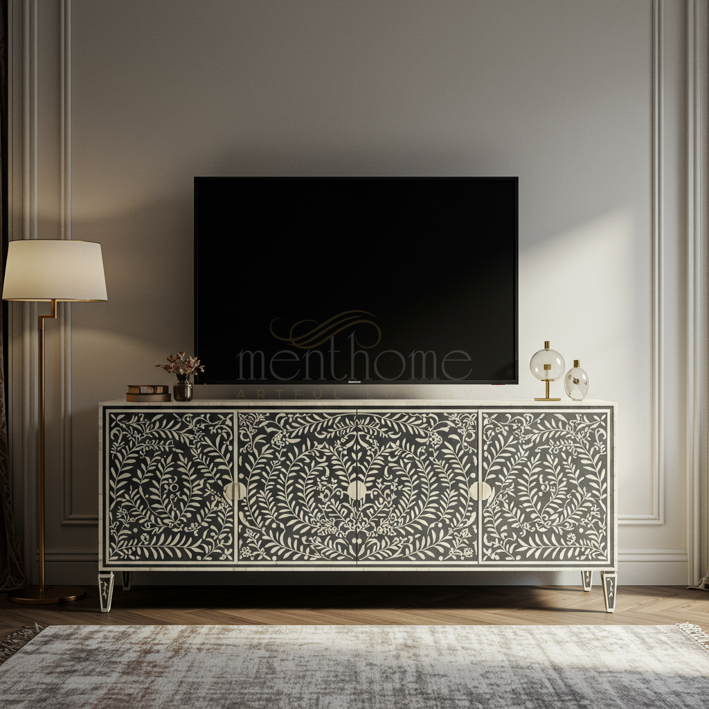 Luxury Inlay TV Cabinet with Intricate Floral Design | Luxury Handmade TV Cabinet