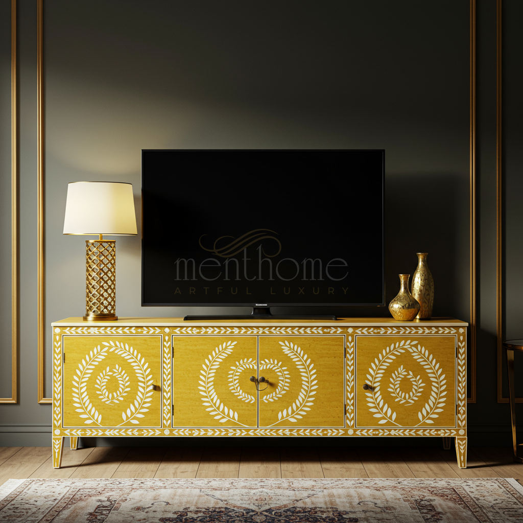 Handcrafted Inlay TV Cabinet with Leaf Motif | Luxury Handmade TV Cabinet