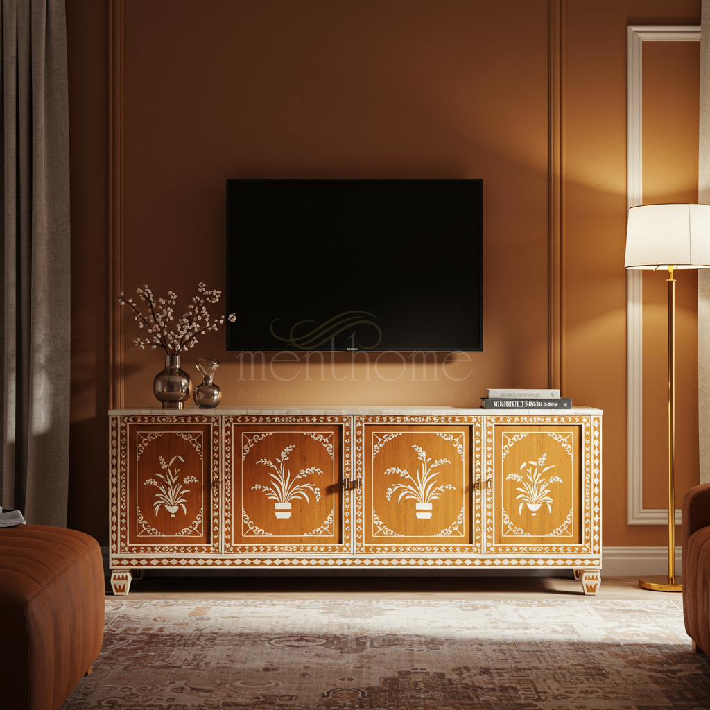 Luxury Inlay Wooden TV Cabinet with Floral Motif | Luxury Handmade TV Cabinet