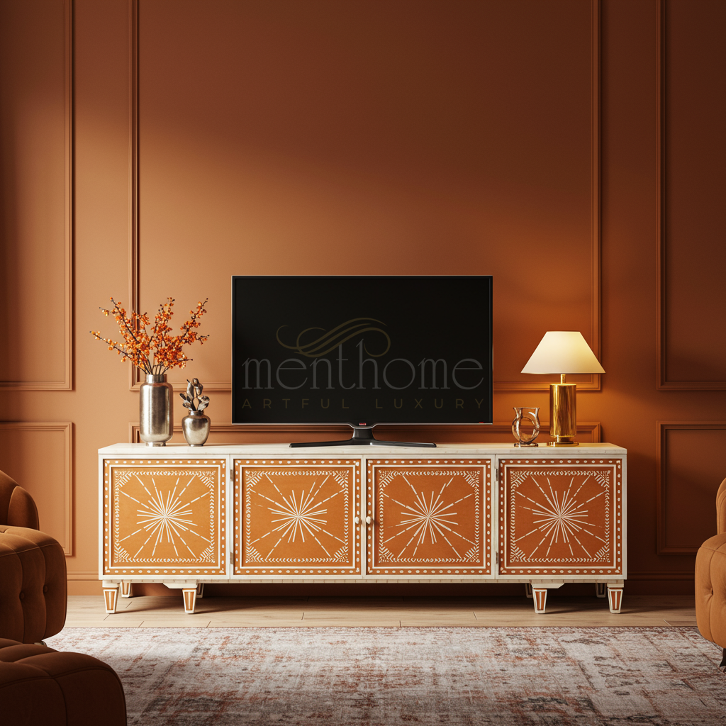 Handcrafted Inlay TV Cabinet with Geometric Starburst Design | Luxury Handmade TV Cabinet