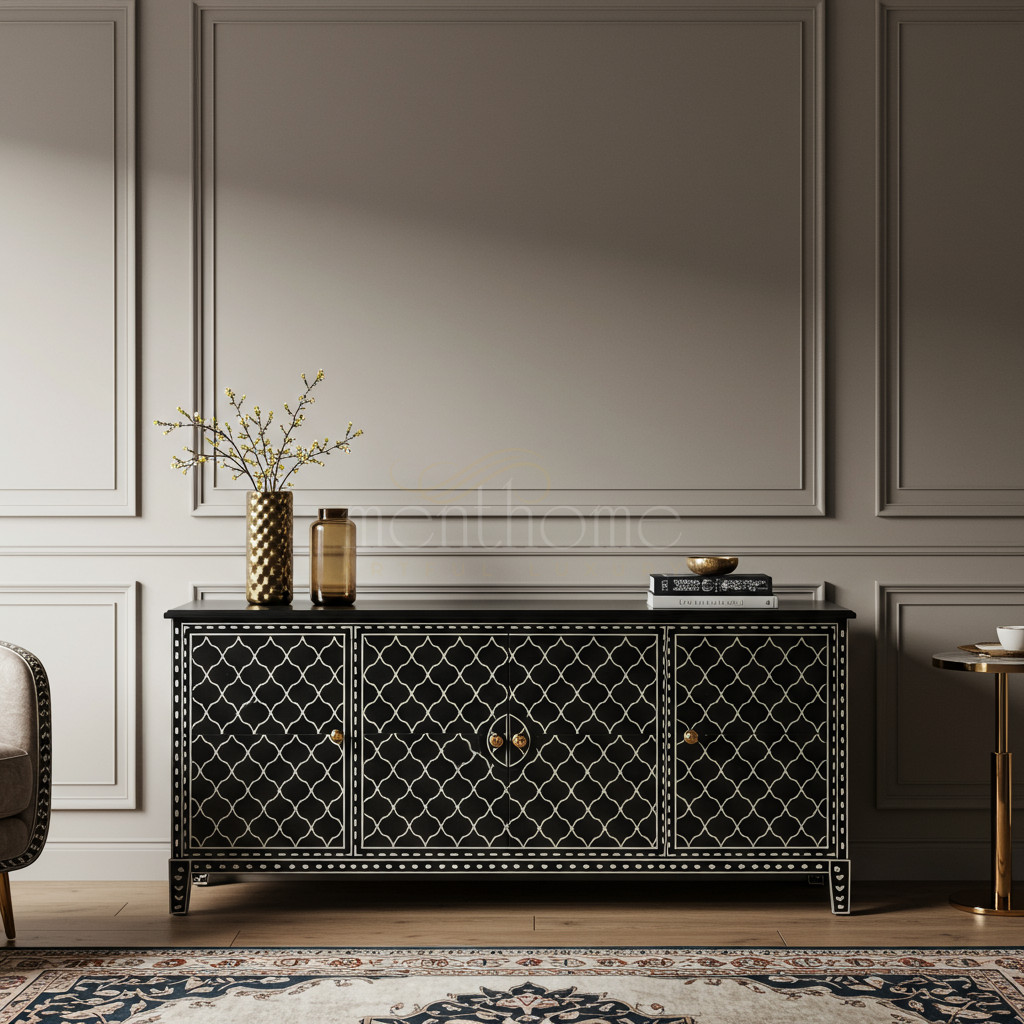 Luxury Inlay TV Cabinet with Geometric Pattern | Luxury Handmade TV Cabinet
