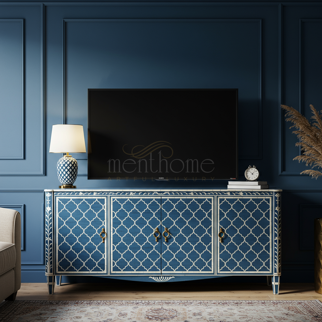Luxury Blue and White Inlay TV Cabinet | Luxury Handmade TV Cabinet