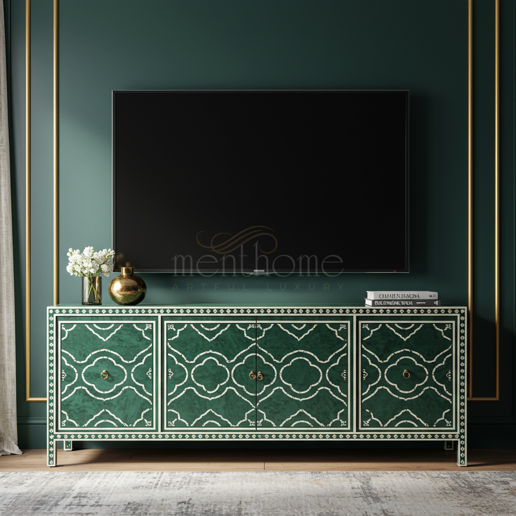 Inlay Artful Luxury TV Cabinet in Emerald Green | Luxury Handmade TV Cabinet