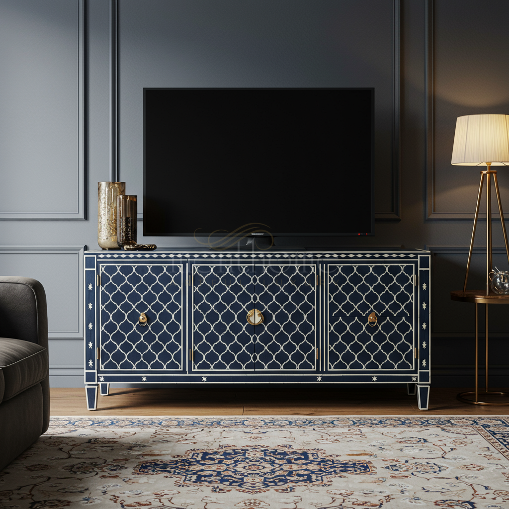 Elegant Inlay Blue and White TV Cabinet | Luxury Handmade TV Cabinet