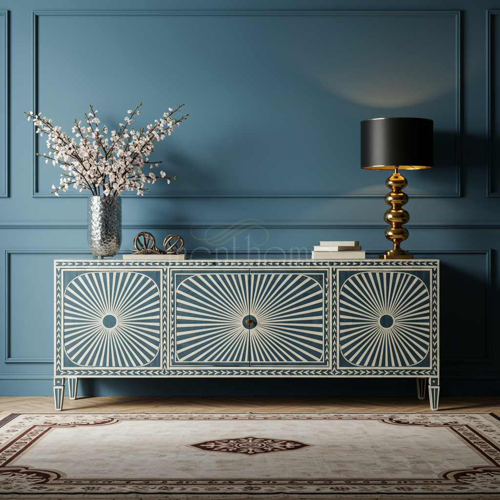 Elegant Inlay Sunburst Pattern TV Cabinet | Luxury Handmade TV Cabinet