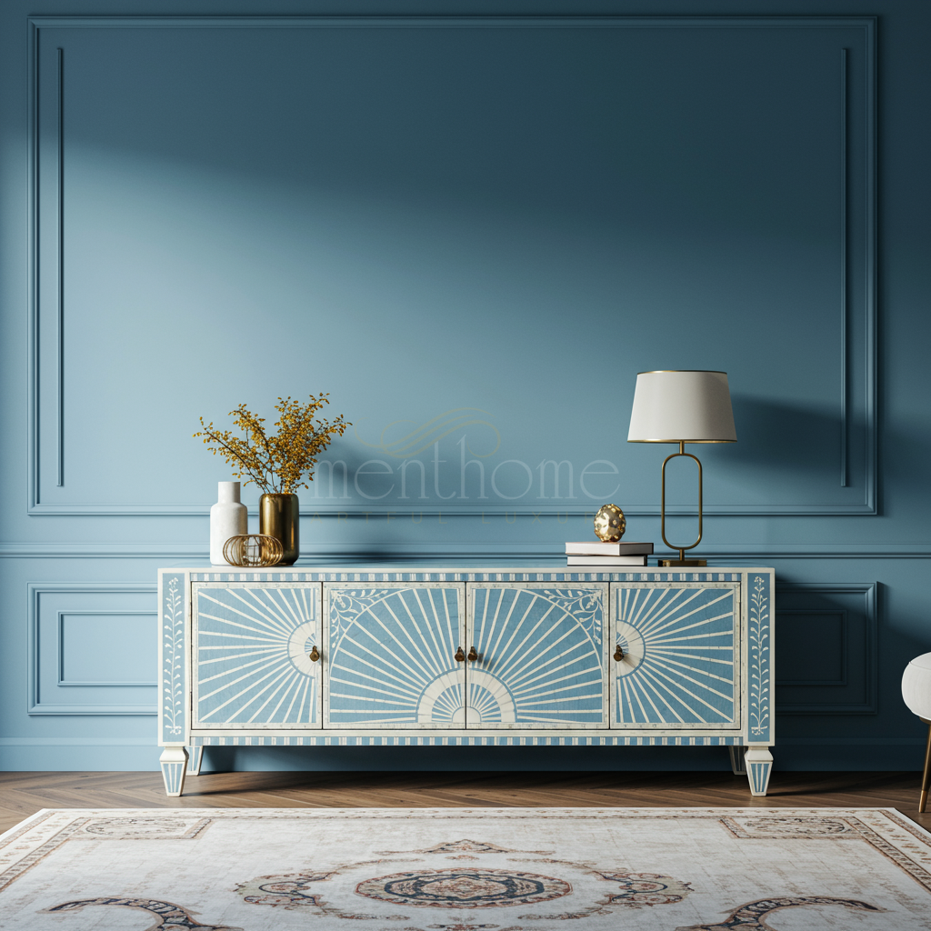 Inlay Blue and Ivory Sunburst TV Cabinet | Luxury Handmade TV Cabinet