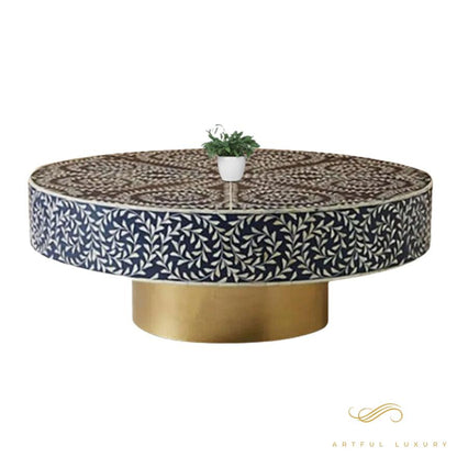 Leaf Pattern Coffee Table Bone Inlay With Base Golden Finish | Luxury Handmade Coffee Table