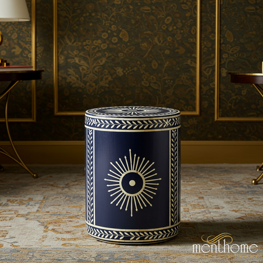 Decorative Blue and White Sunburst Accent Stool | Luxury Handmade Stool