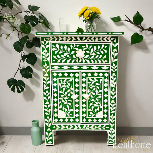 Resin Green  Floral Pattern One Drawer Bedside Table | Luxury Handmade Bedside Table