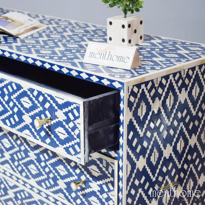 Navy Blue Bone Inlay Eye Cut pattern 6-Drawer Dresser | Luxury Handmade Dresser