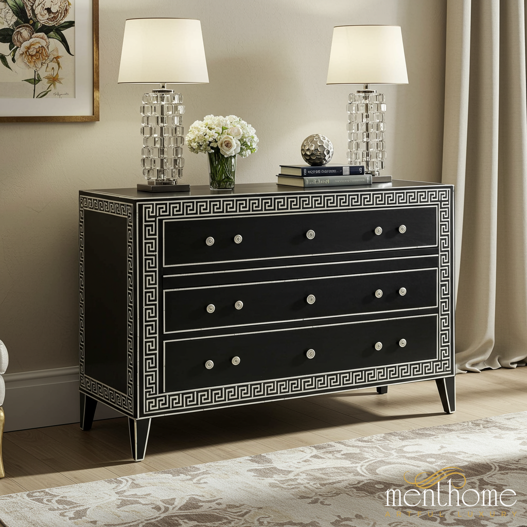Black and White Greek Key Accent Chest | Luxury Handmade Chest of Drawer