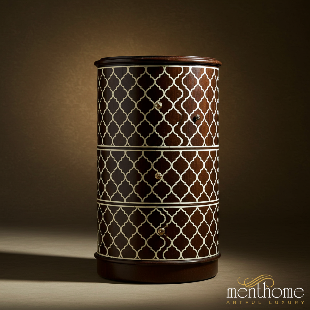 Elegant Round Wooden Cabinet with Geometric Pattern | Luxury Handmade Chest of Drawer