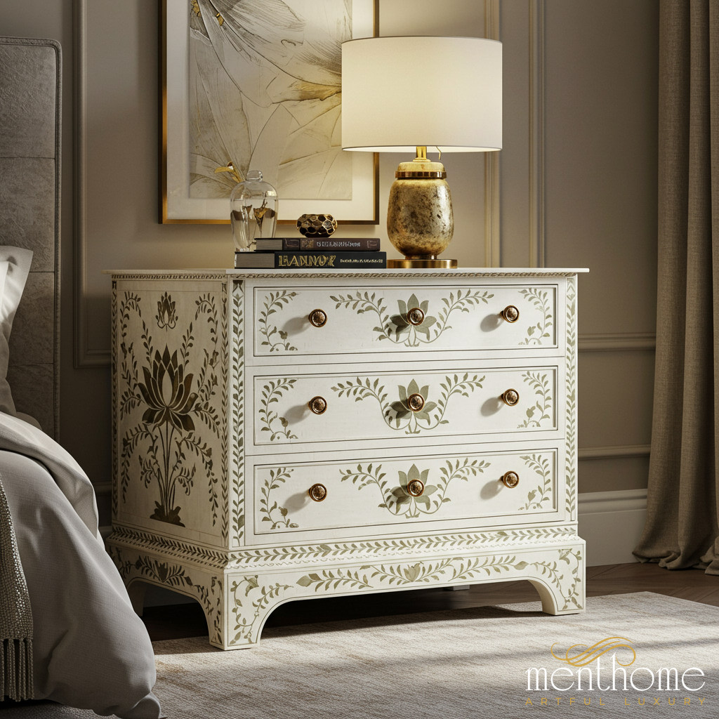 Vintage Floral Hand-Painted Three-Drawer Chest | Luxury Handmade Chest of Drawer