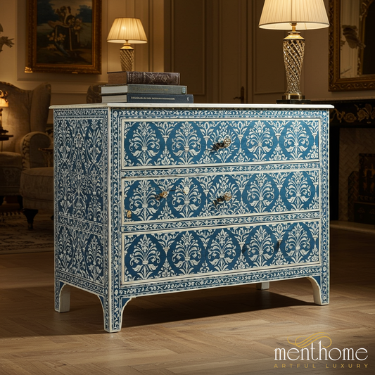 Blue and White Hand-Painted Vintage Chest of Drawers | Luxury Handmade Chest of Drawer