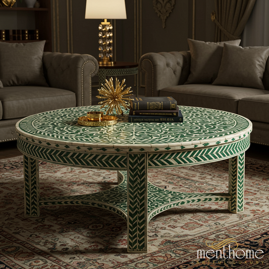 Elegant Inlaid Bone and Wood Round Coffee Table | Luxury Handmade Coffee Table