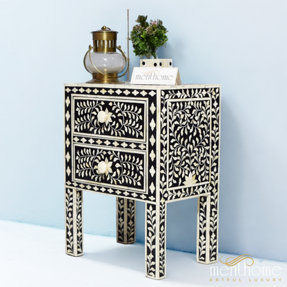Black Bone Inlay 2 drawers Floral Pattern Nightstand | Luxury Handmade Bedside Table