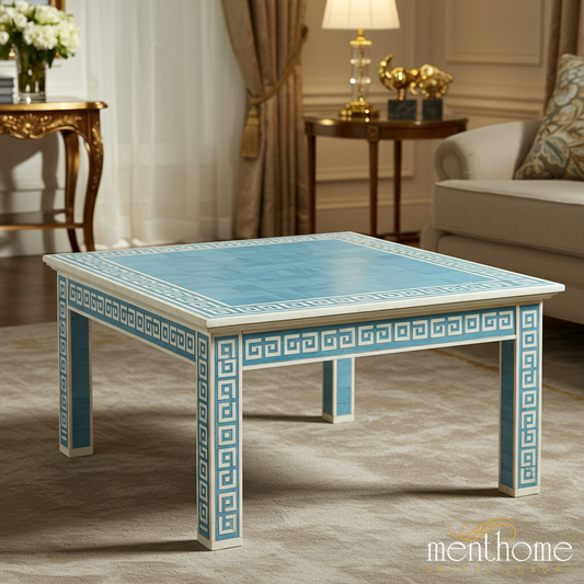 Blue Greek Key Pattern Coffee Table | Luxury Handmade Coffee Table