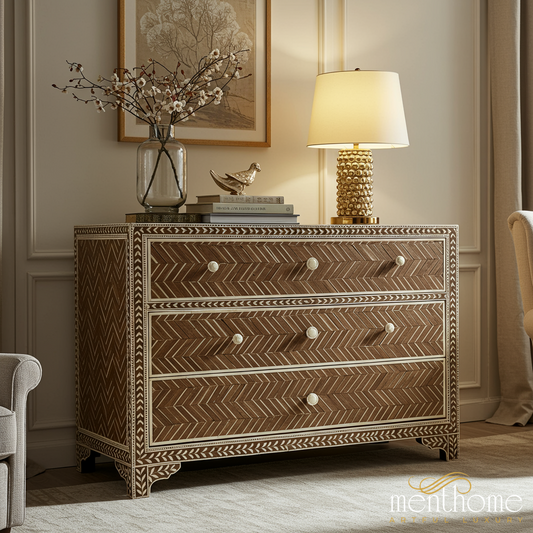 Handcrafted Wooden Dresser with Bone Inlay | Luxury Handmade Chest of Drawer