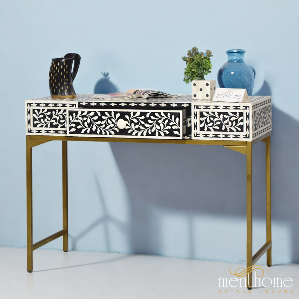 Floral 1 Drawer Bone Inlay Desk with Brass Leg | Luxury Handmade Desk
