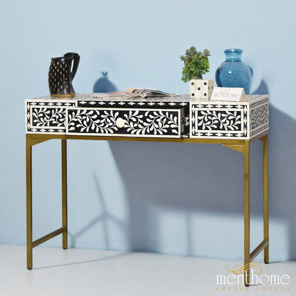 Floral 1 Drawer Bone Inlay Desk with Brass Leg | Luxury Handmade Desk