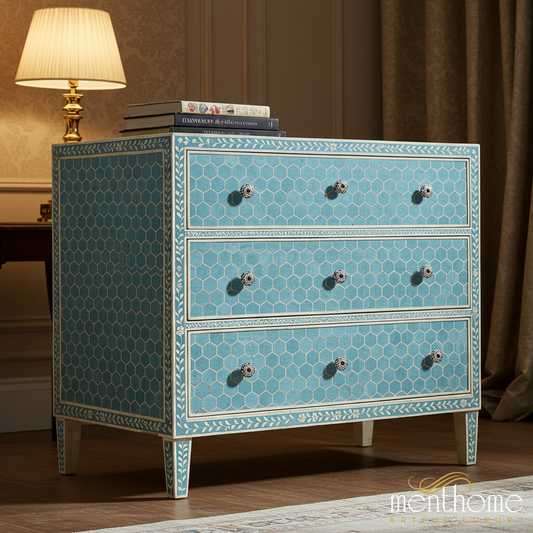 Blue Honeycomb Pattern Wooden 3-Drawer Chest | Luxury Handmade Chest of Drawer