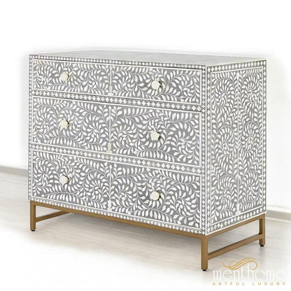 Bone Inlay 3-Drawer Small Dresser in Grey Color | Luxury Handmade Dresser