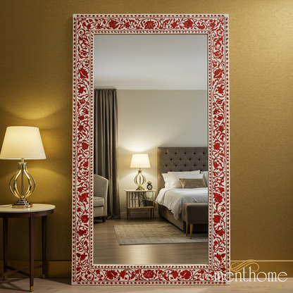 Decorative Hand-Painted Wall Mirror with Red Floral Frame | Luxury Handmade Mirror