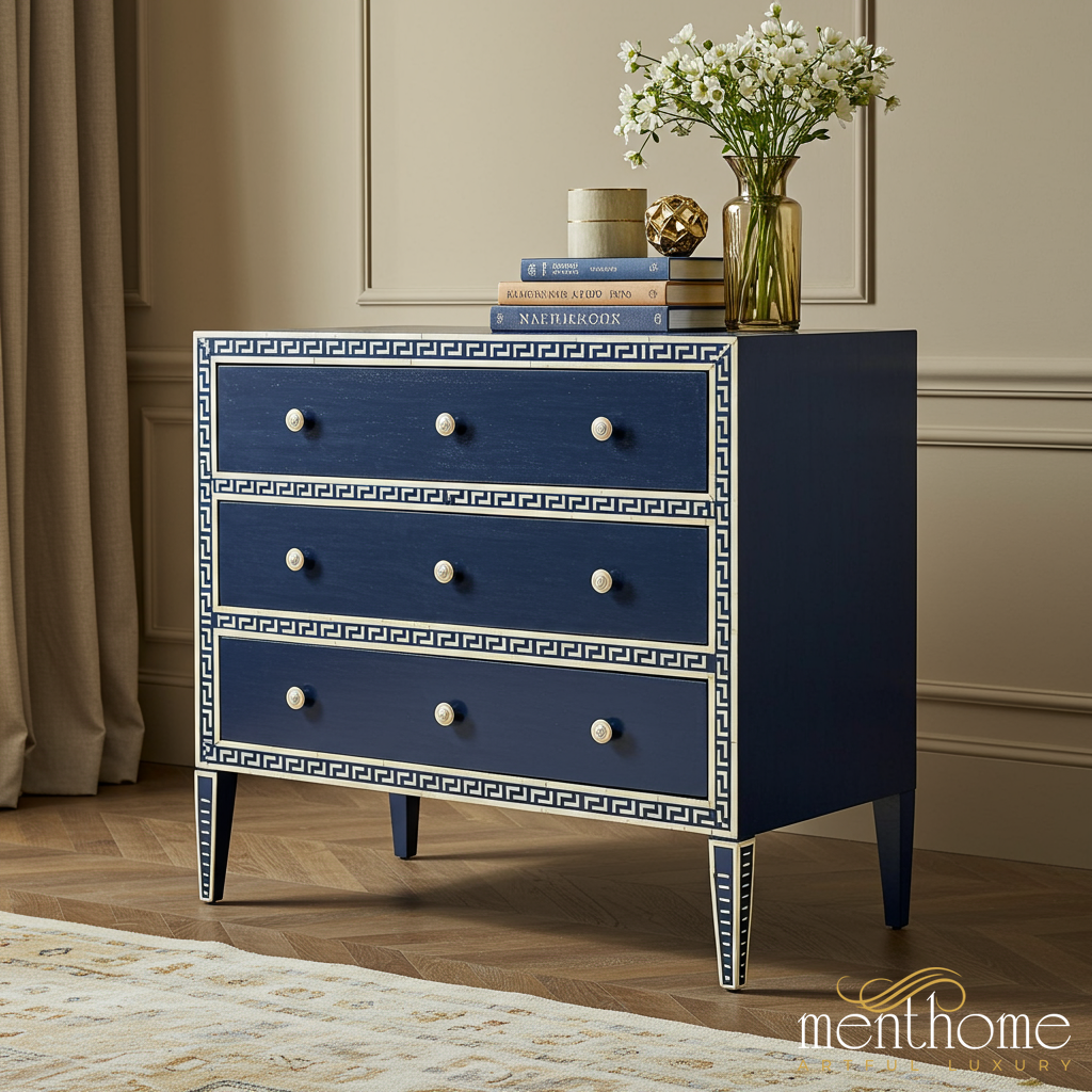 Greek Drawer Navy Blue Three-Drawer Chest with Greek Key Detailing | Luxury Handmad ...