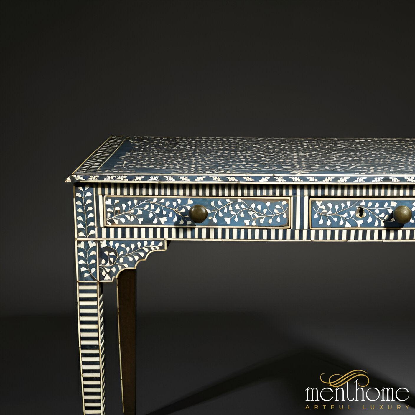 Bone Inlay Light Blue Desk | Unique Geometric Design | Artisan-Crafted Luxury for Your Workspace | Luxury Handmade Desk