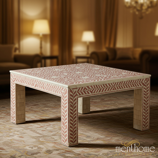 Handcrafted Inlaid Bone and Wood Square Coffee Table | Luxury Handmade Coffee Table