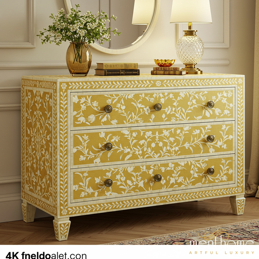 Hand-Painted Floral Wood Dresser with Brass Hardware | Luxury Handmade Dresser