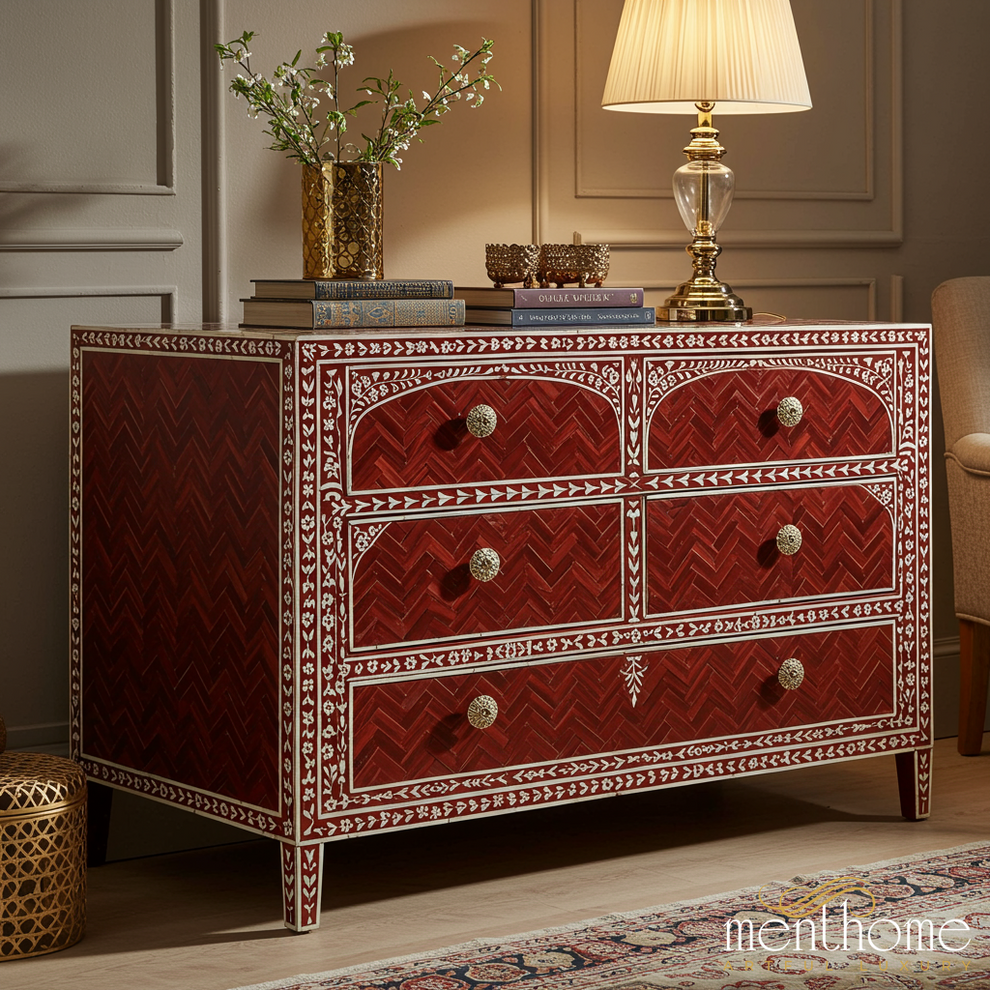Red Inlaid Wooden Chest of Drawers with Floral Motifs